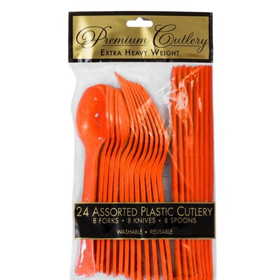 JAM Paper Premium Plastic Assorted Cutlery Set, Extra Heavy Weight, Orange, 24/Box (297C24OR)