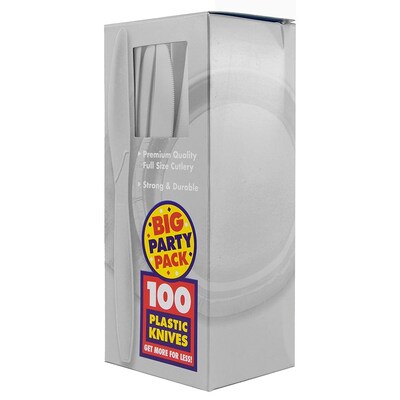 JAM PAPER Big Party Pack of Premium Plastic Knives, Silver, 100 Disposable Knives/Box