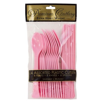 JAM PAPER Premium Extra Heavy Weight Cutlery , Assorted Utensils Set, Light Pink, 24 Disposable Uten