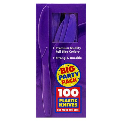 JAM PAPER Big Party Pack of Premium Plastic Knives, Purple, 100 Disposable Knives/Box