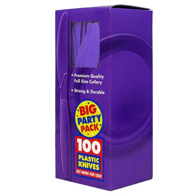JAM PAPER Big Party Pack of Premium Plastic Knives, Purple, 100 Disposable Knives/Box