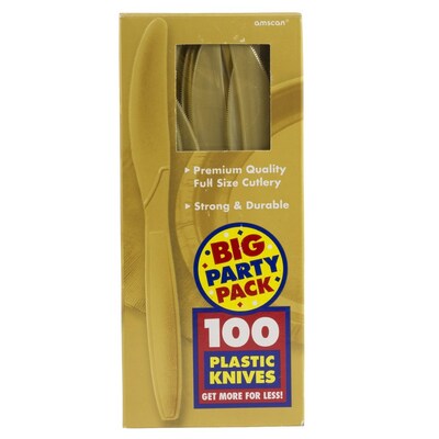 JAM PAPER Big Party Pack of Premium Plastic Knives, Gold, 100 Disposable Knives/Box