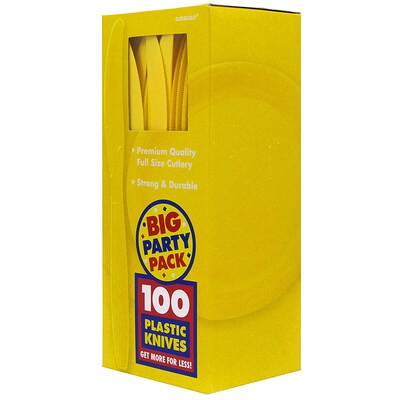 JAM PAPER Big Party Pack of Premium Plastic Knives, Yellow, 100 Disposable Knives/Box