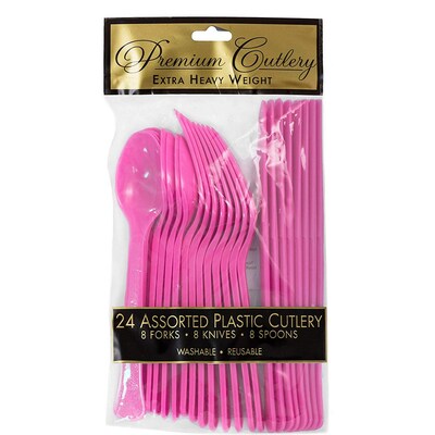 JAM PAPER Premium Extra Heavy Weight Cutlery , Assorted Utensils Set, Fuchsia Pink, 24 Disposable Ut