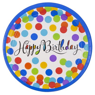 JAM PAPER Birthday Party Paper Plates, Large, 10 1/2", Confetti Bash Design, 18 Plates/Pack