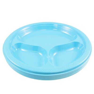 JAM PAPER Plastic 3 Compartment Divided Plates, Large, 10 1/4 inch, Caribbean Aqua Blue, 20/Pack