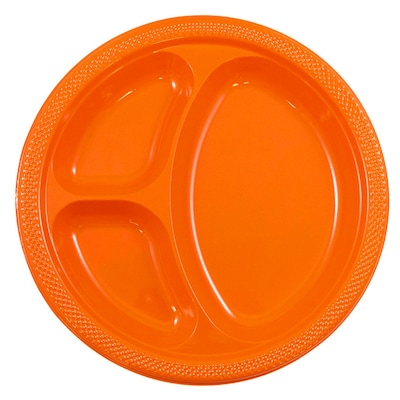 JAM PAPER Plastic 3 Compartment Divided Plates, Large, 10 1/4 inch, Orange, 20/Pack