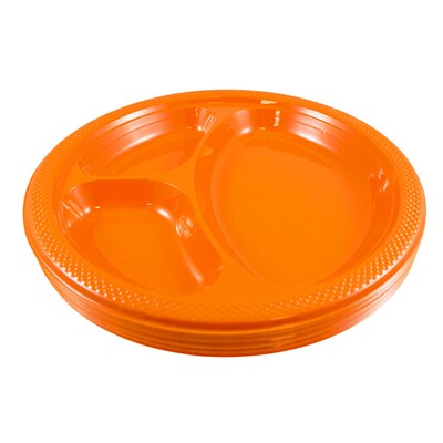 JAM PAPER Plastic 3 Compartment Divided Plates, Large, 10 1/4 inch, Orange, 20/Pack