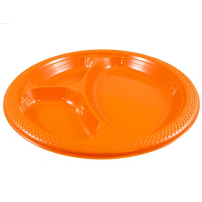 JAM PAPER Plastic 3 Compartment Divided Plates, Large, 10 1/4 inch, Orange, 20/Pack