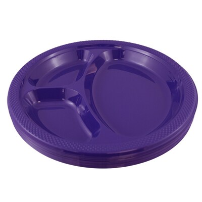 JAM PAPER Plastic 3 Compartment Divided Plates, Large, 10 1/4 inch, Purple, 20/Pack