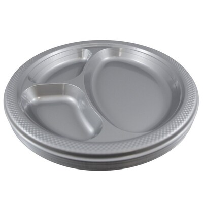 JAM Paper 10 1/4 3-Compartment Plastic Plates, Silver, 20 Plates/Pack (10255CPSL)