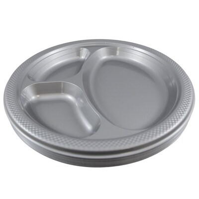 JAM PAPER Plastic 3 Compartment Divided Plates, Large, 10 1/4 inch, Silver, 20/Pack