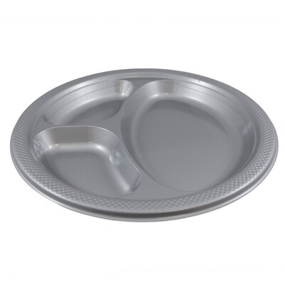 JAM PAPER Plastic 3 Compartment Divided Plates, Large, 10 1/4 inch, Silver, 20/Pack