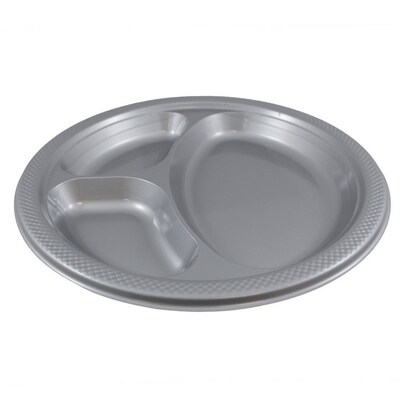 JAM Paper 10 1/4" 3-Compartment Plastic Plates, Silver, 20 Plates/Pack (10255CPSL)