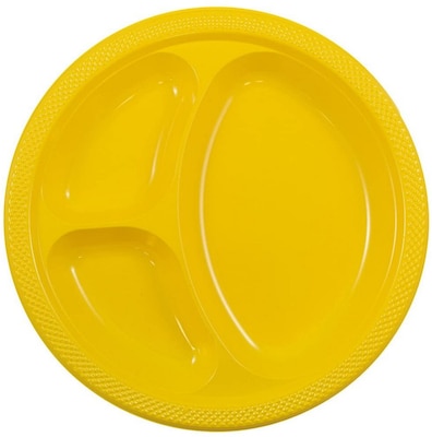 JAM PAPER Plastic 3 Compartment Divided Plates, Large, 10 1/4 inch, Yellow, 20/Pack