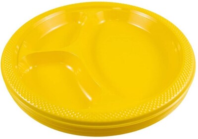 JAM PAPER Plastic 3 Compartment Divided Plates, Large, 10 1/4 inch, Yellow, 20/Pack