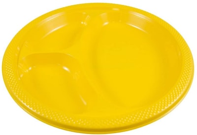 JAM PAPER Plastic 3 Compartment Divided Plates, Large, 10 1/4 inch, Yellow, 20/Pack