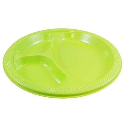 JAM PAPER Plastic 3 Compartment Divided Plates, Large, 10 1/4 inch, Lime Green, 20/Pack