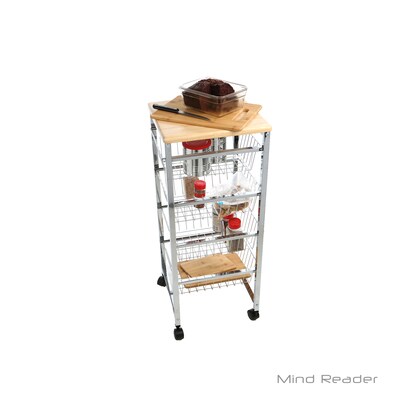Mind Reader 4 Tier Wire Basket Cart with Wood Surface, Silver (4WIRECART-SIL)