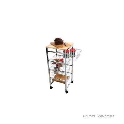 Mind Reader 4 Tier Wire Basket Cart with Wood Surface, Silver (4WIRECART-SIL)