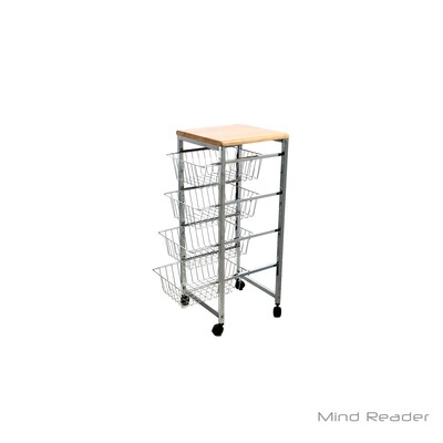 Mind Reader 4 Tier Wire Basket Cart with Wood Surface, Silver (4WIRECART-SIL)