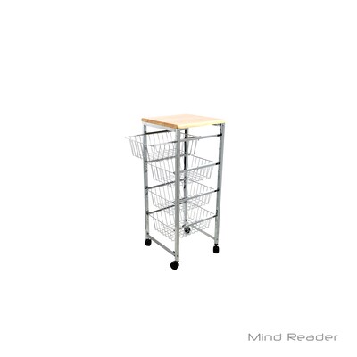 Mind Reader 4 Tier Wire Basket Cart with Wood Surface, Silver (4WIRECART-SIL)
