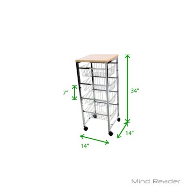 Mind Reader 4 Tier Wire Basket Cart with Wood Surface, Silver (4WIRECART-SIL)