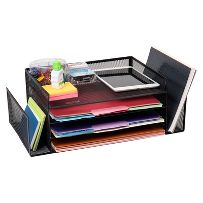 Mind Reader Network Collection 6 Compartment Front Loading Letter Tray with Side Storage, Black Wire
