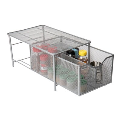 Mind Reader Storage Basket w/ Sliding Drawer and Steel Mesh Platform On Top, Silver (CABASKDR-SIL)
