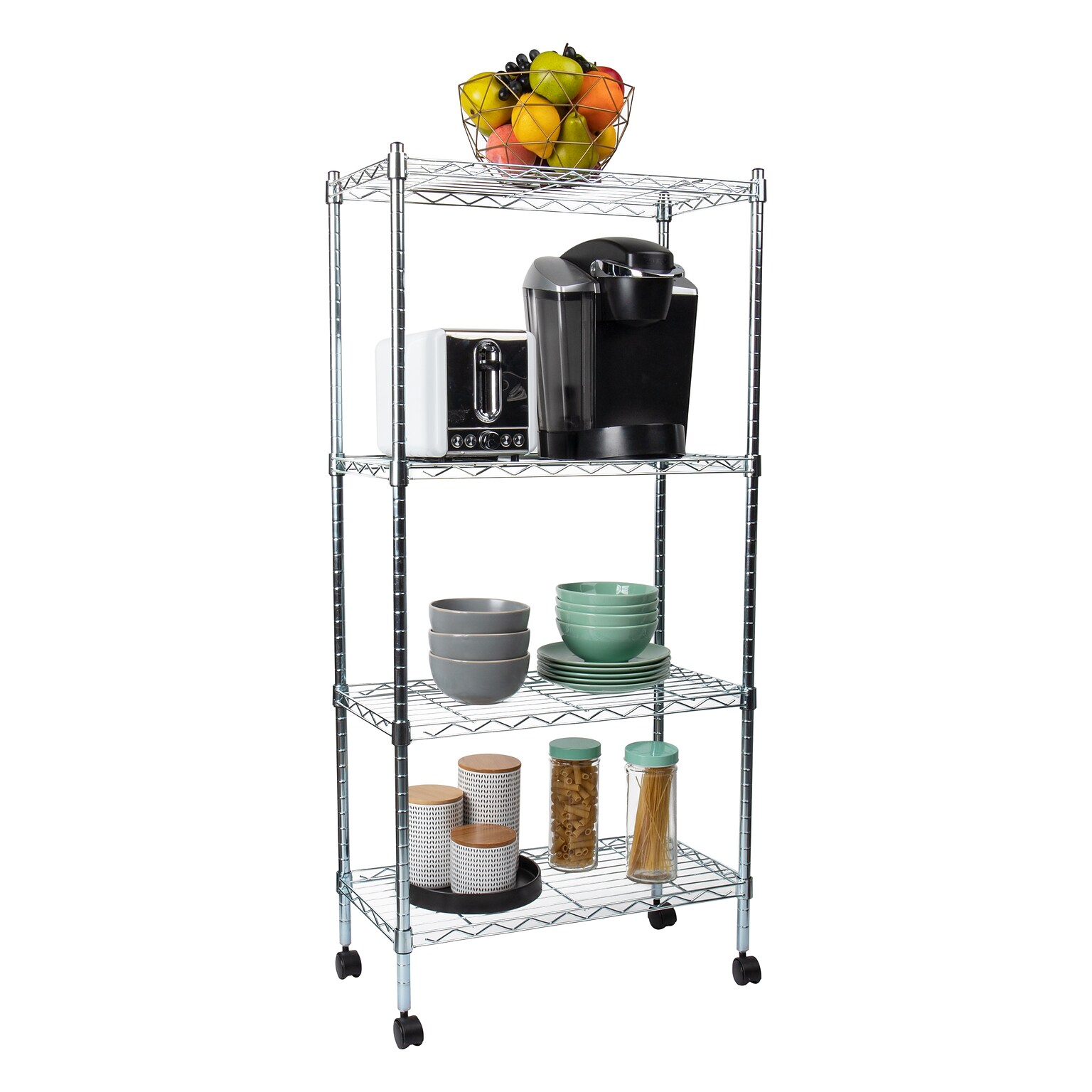 Mind Reader Metal 4-Tier Storage Shelves Garage Shelving Organization with Wheels, Silver (MET4TWHEEL-SIL)