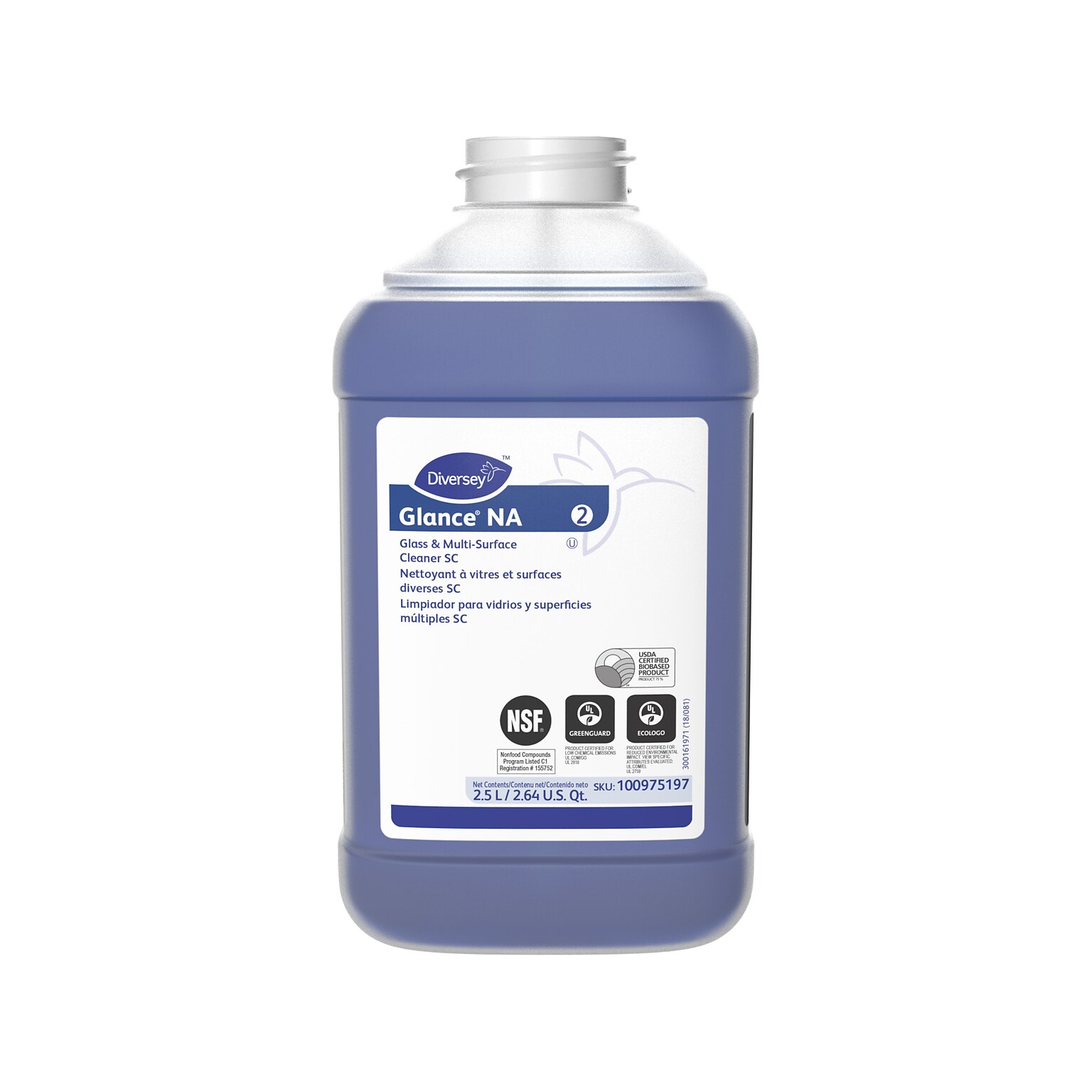 Diversey Glance NA Glass & Multi-Surface Cleaner for J-Fill, Refill, 2.5L, 2/Carton (100975197)