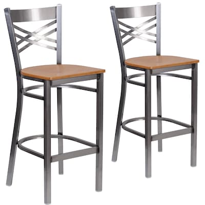 Flash Furniture HERCULES Series Traditional Metal X-Back Barstool, Clear Coat/Natural Wood, 2-Pieces