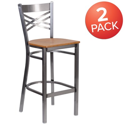 Flash Furniture HERCULES Series Traditional Metal X-Back Barstool, Clear Coat/Natural Wood, 2-Pieces/Pack (2XU6F8BCLBNATW)