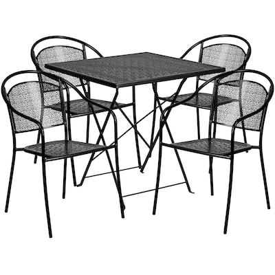 Flash Furniture Oia Indoor-Outdoor 28" Square Steel Folding Patio Table Set with 4 Round Back Chairs, Black (CO28SQF03CHR4BK)