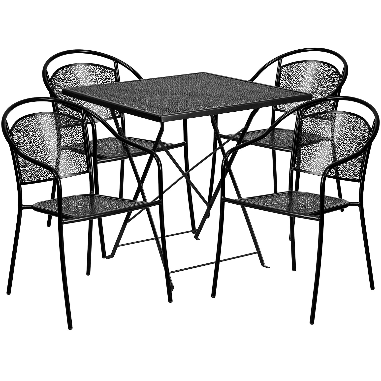 Flash Furniture Oia Indoor-Outdoor 28 Square Steel Folding Patio Table Set with 4 Round Back Chairs, Black (CO28SQF03CHR4BK)
