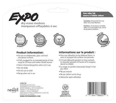 Expo Dry Erase Marker, Fine Tip, Assorted, 8/Pack (86601)