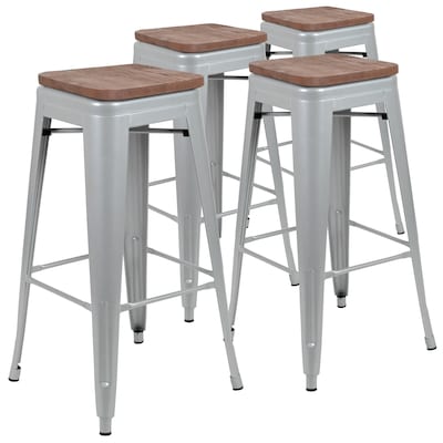 Flash Furniture Cierra Industrial Metal Indoor Bar Stool without Back, Silver, 4-Pieces/Pack (4ET313