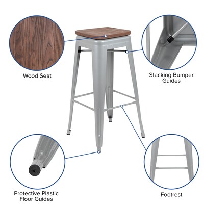 Flash Furniture Cierra Industrial Metal Indoor Bar Stool without Back, Silver, 4-Pieces/Pack (4ET31320W30SVR)