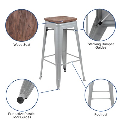 Flash Furniture Cierra Industrial Metal Indoor Bar Stool without Back, Silver, 4-Pieces/Pack (4ET31320W30SVR)