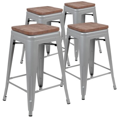 Flash Furniture Cierra Industrial Metal Indoor Counter-Height Bar Stool without Back, Silver, 4-Pieces/Pack (4ET31320W24SVR)