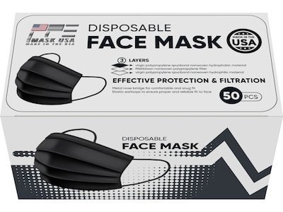 PPE Mask USA Disposable Surgical Cloth Face Mask, One Size, Black, 50/Box, 5 Boxes/Pack (TBN203202)