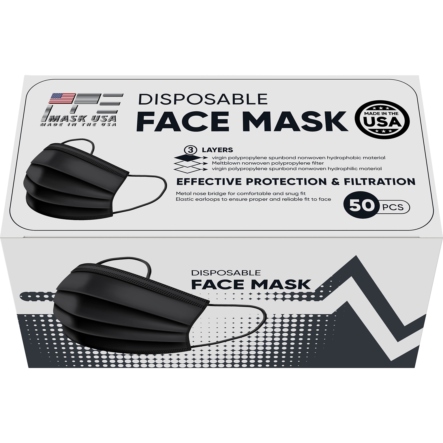 PPE Mask USA Disposable Surgical Cloth Face Mask, One Size, Black, 50/Box, 5 Boxes/Pack (TBN203202)