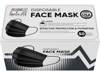 PPE Mask USA Disposable Surgical Cloth Face Mask, One Size, Black, 50/Box, 20 Boxes/Pack (TBN203203)