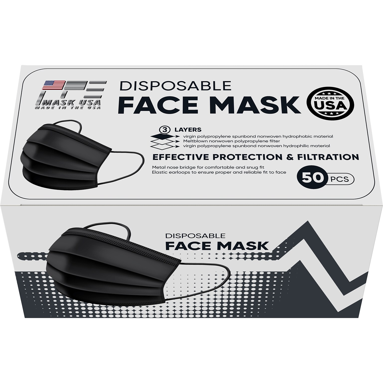 PPE Mask USA Disposable Surgical Cloth Face Mask, One Size, Black, 50/Box, 20 Boxes/Pack (TBN203203)