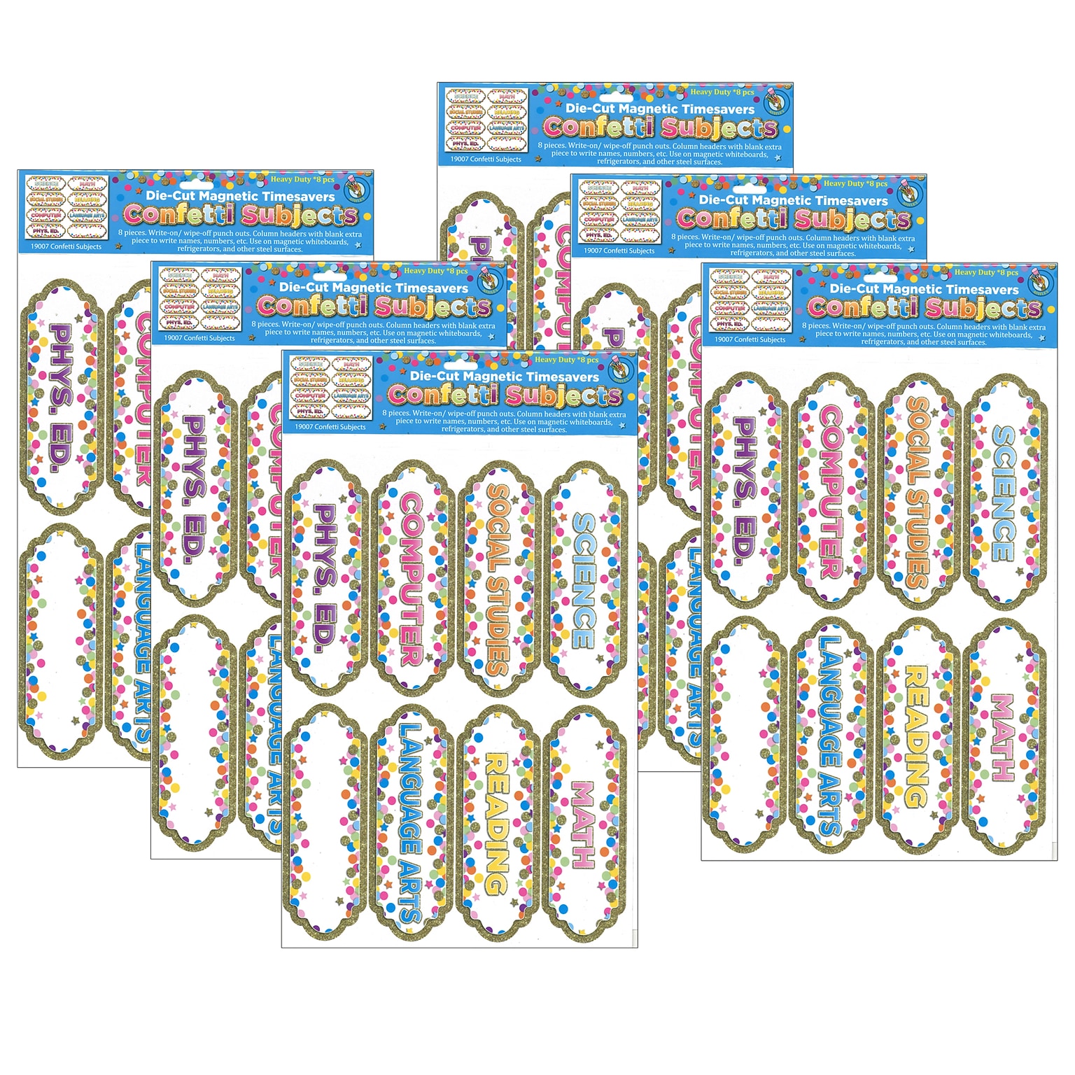 Ashley Productions Magnetic Die-Cut Timesavers & Labels, Confetti Classroom Subjects, 8 Per Pack, 6 Packs (ASH19007-6)