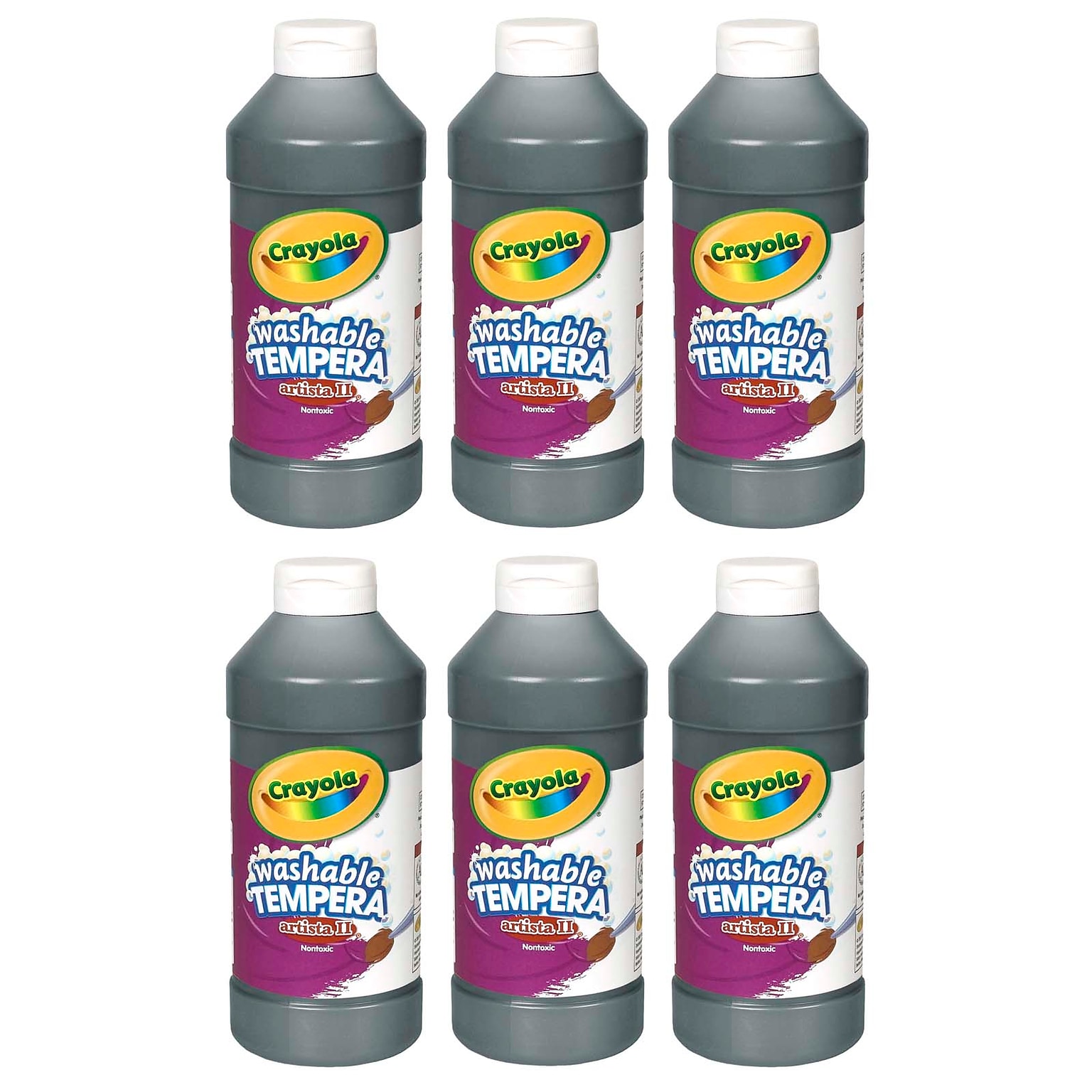 Crayola Artista II Washable Liquid Tempera Paint, Black, 16 oz. Bottles, Pack of 6 (BIN311551-6)