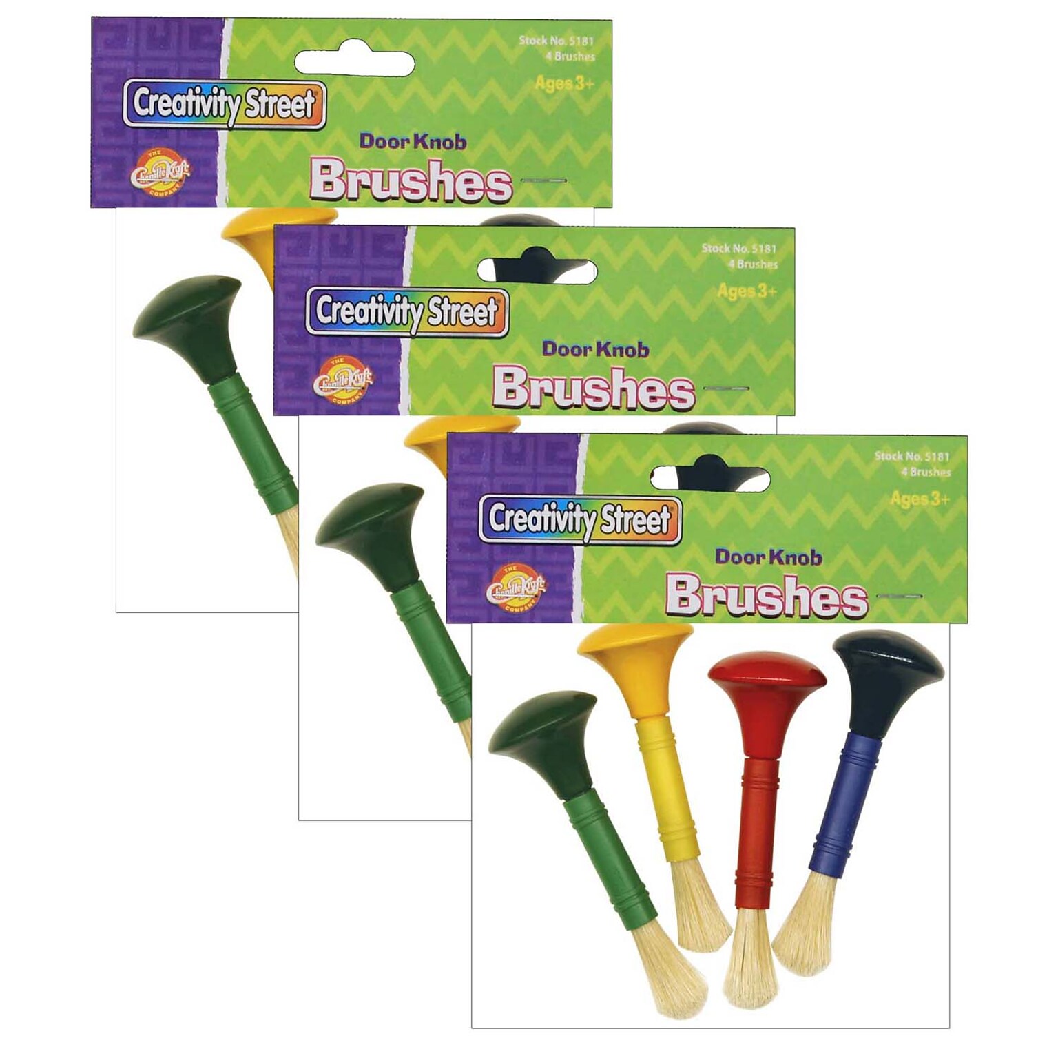 Creativity Street Beginner Paint Brushes, Door Knob Handles, 4 Assorted Colors, 5 Long, 4 Brushes/Pack, 3/Packs (CK-5181-3)