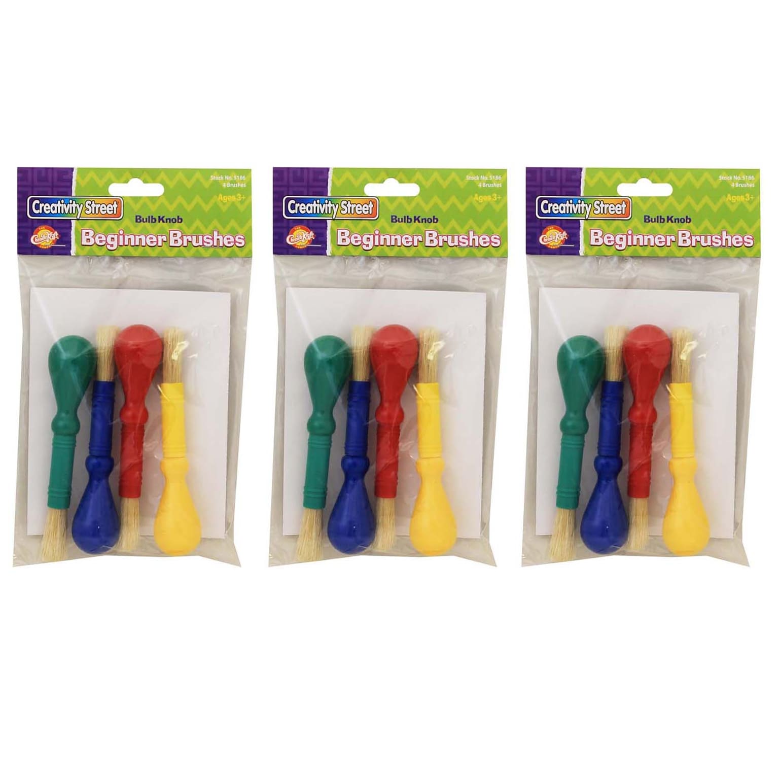 Creativity Street® Beginner Paint Brushes, 5.5 Long Bulb Knob Handles, Assorted Colors, 4 Per Pack, 3 Packs (CK-5186-3)