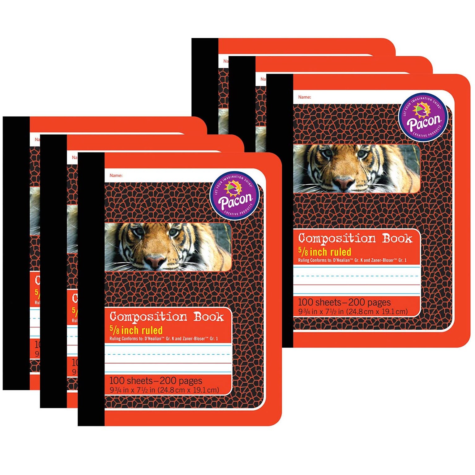Pacon® Primary Composition Book, 9.75 x 7.5, 5/8 Ruling, 100 Sheets, Tiger Design, Pack of 6 (PAC2427-6)