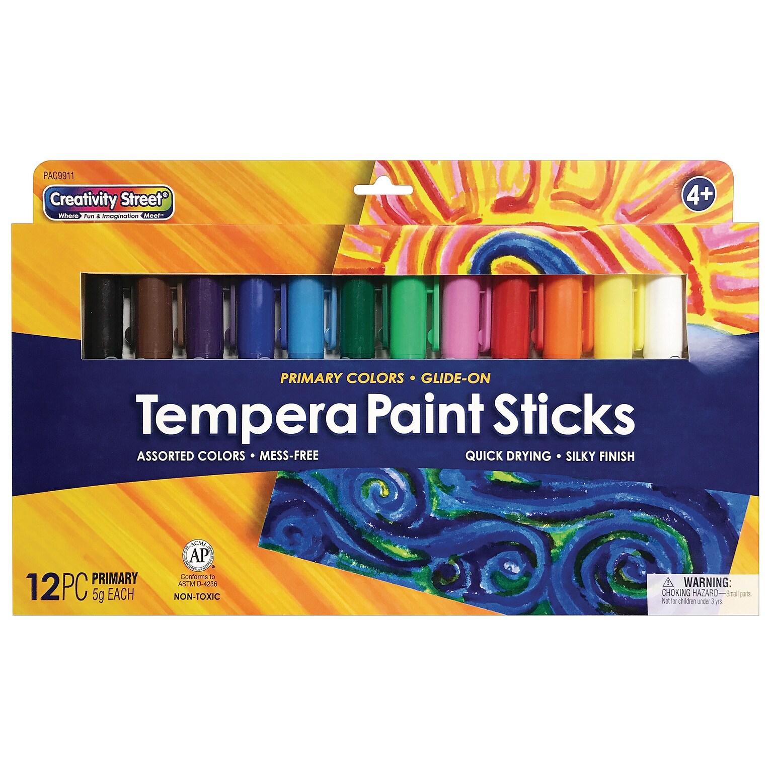 Creativity Street® Glide-On Tempera Paint Sticks, 12 Assorted Primary Colors(PACAC9911)
